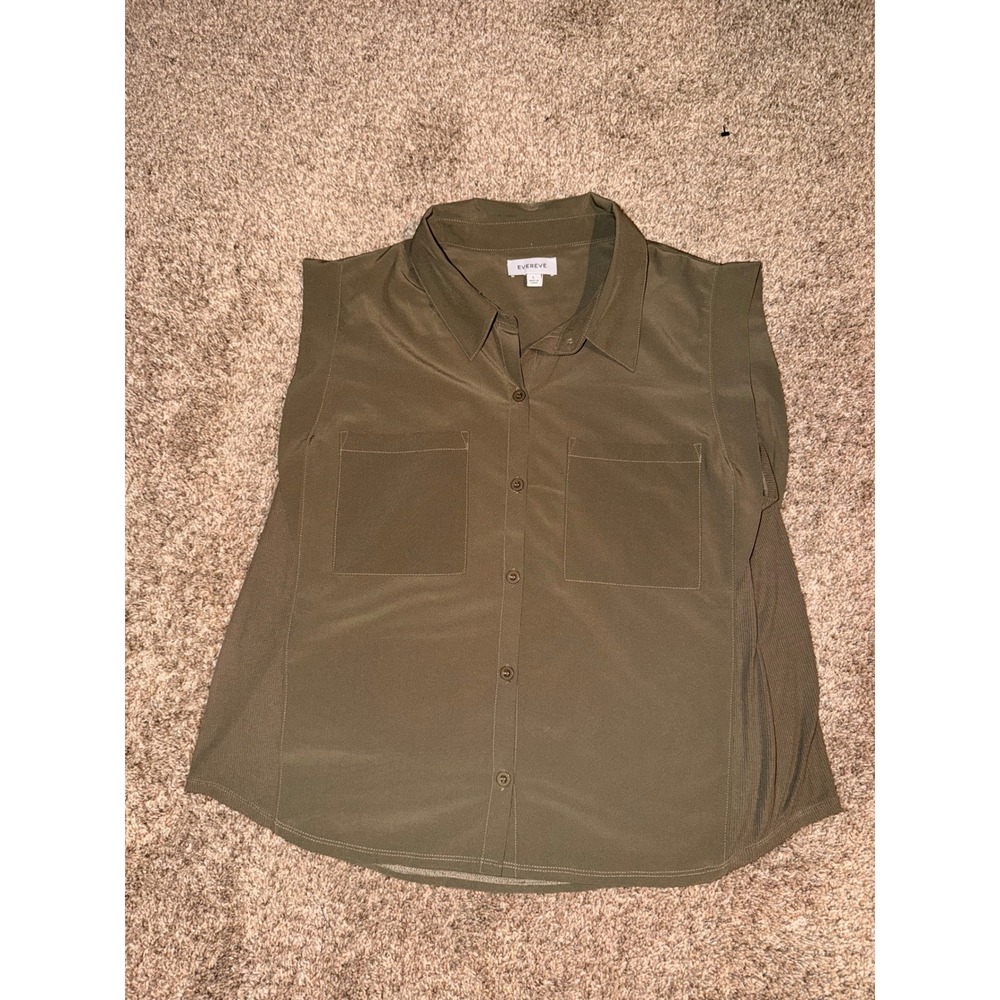 Evereve Womens Olive Green Sleeveless Button Down Utility Shirt Pocket Top L-737